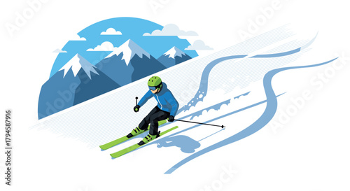 Skiing adventure in the mountains with snowy slopes and blue sky