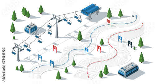 Isometric winter ski resort with cable cars and slalom course