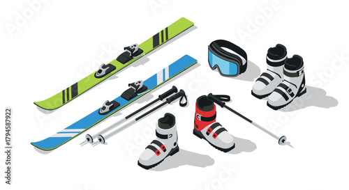 Isometric winter sports set skis, boots, goggles, and poles on white background