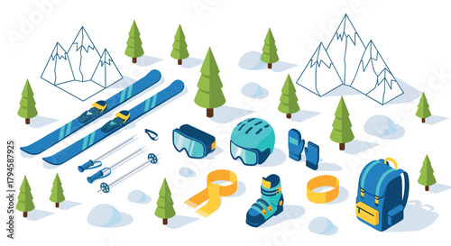 Isometric winter adventure gear with trees and mountains