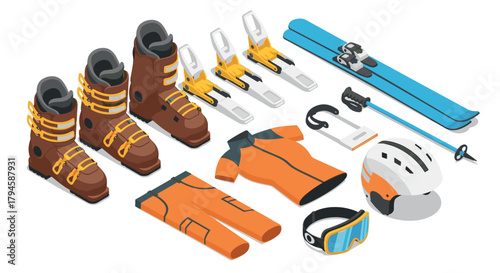 Isometric winter sports gear ski boots, poles, and protective equipment in vibrant colors