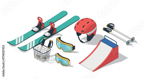 Winter sports equipment collection skiing gear with helmet, goggles, and jump ramp in isometric style