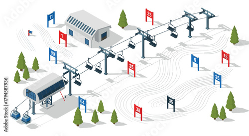 Isometric winter ski resort with gondola, slopes, and trees