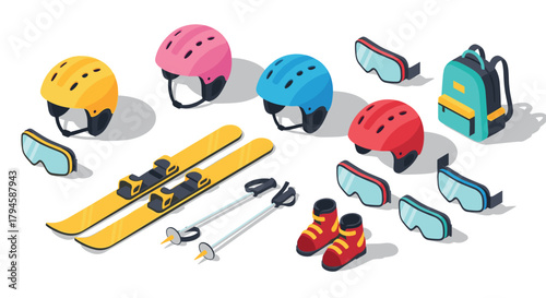 Isometric ski gear set with helmets, skis, goggles, and backpack for winter sports