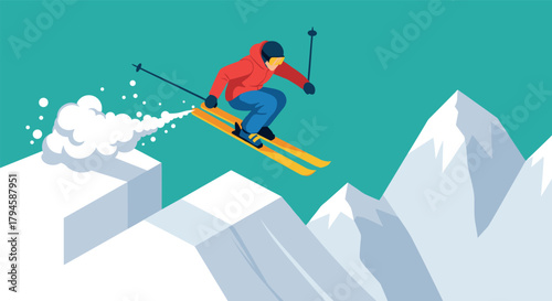Dynamic winter sport adventure skiing down snowy mountains in vibrant colors