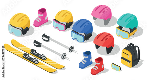 Colorful winter sports equipment collection with helmets and skis