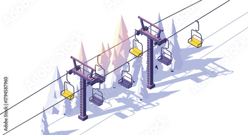 Isometric ski lift scene with snowy mountain pine trees and shadows