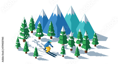 Isometric winter scene with skier among pine trees and snowy mountains