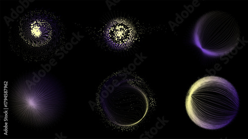 Golden violet data swirl sphere with particle trajectories on dark background. Concept of AI visualization, information mapping, and generative art for technology presentations.