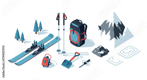 Winter adventure essentials in isometric style featuring ski equipment and mountain gear