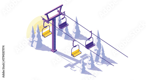 Isometric ski lift over snowy winter forest landscape with shadows and sunlight