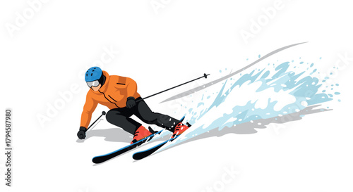 Dynamic skiing action with splashing snow in winter sports scene