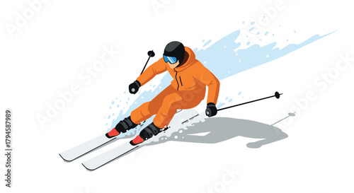 Winter sports enthusiast gliding downhill in orange gear with dynamic motion and shadow