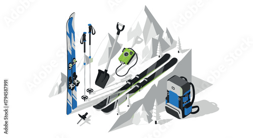 Essential winter sports gear featuring skis and backpack in isometric mountain landscape