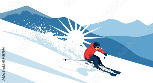 Dynamic winter sport scene with skier descending mountain