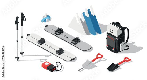 Isometric winter equipment skis, poles, backpack, and gear for adventure