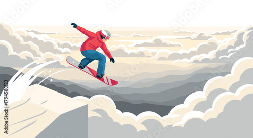 Snowboarder jumping off cliff in dynamic flat design above cloudy mountains