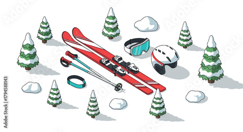 Ski equipment and snowy trees in minimalist isometric design