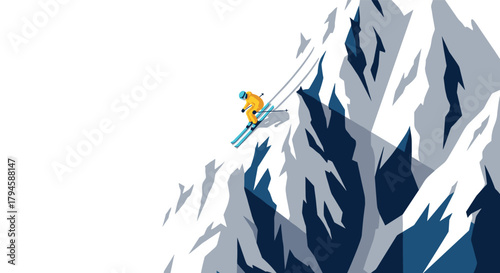 Skier descending snowy mountain in modern flat style