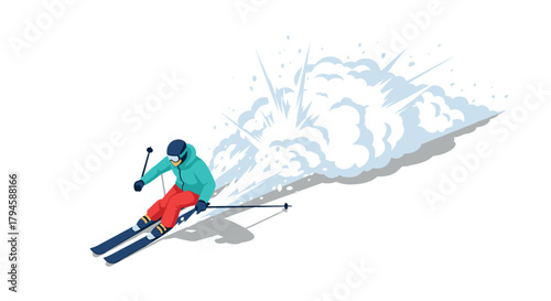 Isometric skier in action on snowy slope with dynamic movement and powder