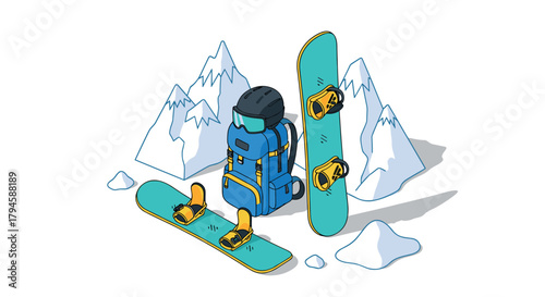 Winter adventure gear with snowboard and backpack in mountain setting