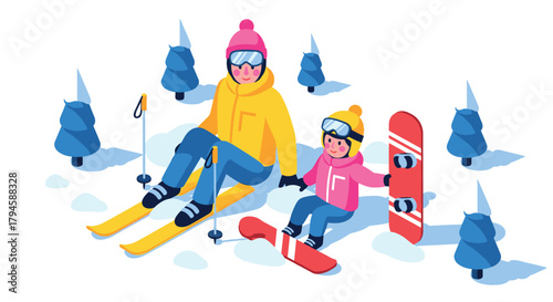 Family winter fun with flat style skiing and snowboarding in a snowy landscape