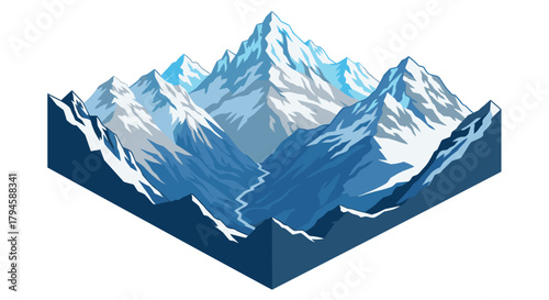 Geometric mountain range in isometric style with snowy peaks and blue gradients