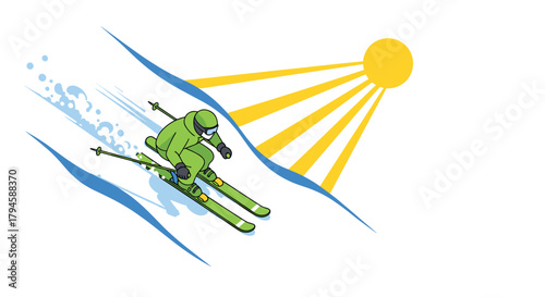 Dynamic winter sports scene featuring downhill skier speeding down slope in vibrant colors