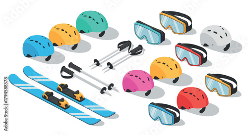 Isometric winter sports gear collection helmets, skis, and goggles for alpine adventures