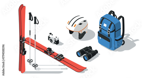 Winter sports equipment set in isometric style with ski gear and accessories