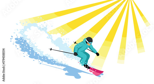 Dynamic alpine skiing in bright sunrays capturing speed and snow in vibrant action scene