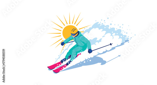 Dynamic skiing adventure against bright sun in flat design