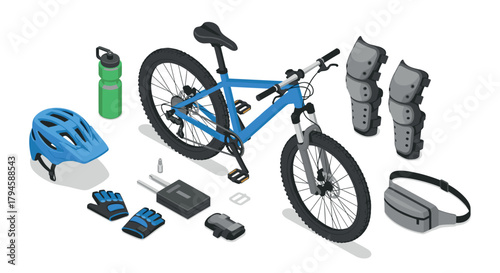 Complete set of cycling gear in isometric style featuring blue mountain bike and accessories