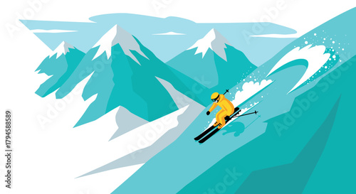 Dynamic alpine adventure with skier in abstract mountain scenery