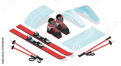 Winter sports gear in isometric style featuring ski equipment and snow accessories