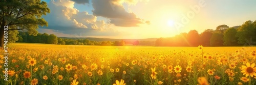 A vibrant sunny day scene, perfect for summer or vacation themes Golden sunlight bathes a picturesque landscape, ideal for bright and cheerful projects , optimism, carefree feeling