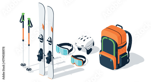 Isometric ski equipment set with backpack, poles, and goggles on white background