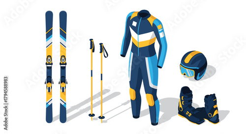Isometric winter sports gear set skis, poles, suit, helmet, boots