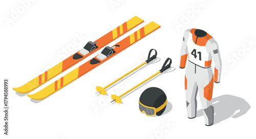 Isometric ski gear set with modern racing outfit and equipment