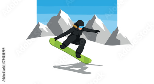 Snowboarder jumping in snowy mountains with clear blue sky background