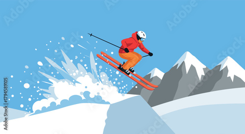 Dynamic winter sports adventure with skier performing an aerial trick in snowy mountains