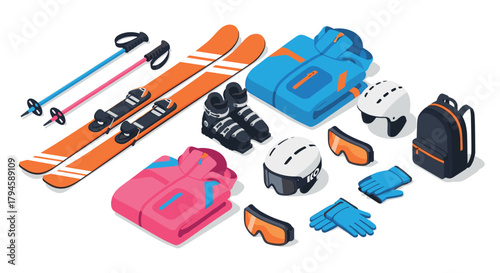 Isometric ski equipment set with jackets, poles, helmets, and goggles in bright colors