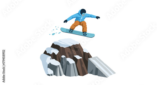 Snowboarder wearing helmet jumps off snowy cliff in dynamic outdoor adventure