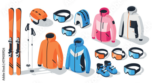 Winter sports equipment set jackets, goggles, helmets, skis, and boots in isometric style