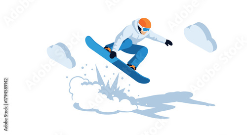 Snowboarder jumping through air in dynamic flat style with clouds in background