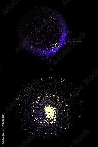 Dynamic blue particle network sphere with gradient motion flow. Concept of artificial intelligence, big data analytics, and digital system visualization for research communication.