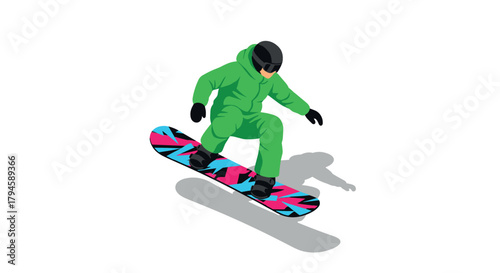 Colorful isometric snowboarder in midair with geometric design
