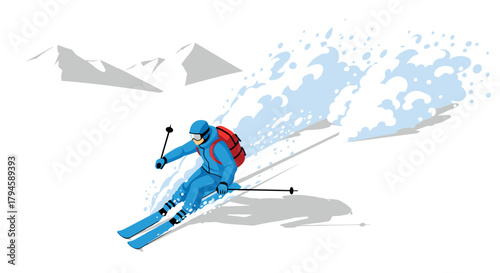 Dynamic skier in action winter sports adventure on snowy mountain slopes