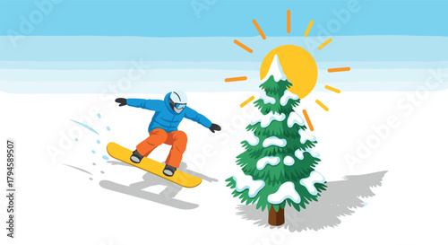 Snowboarder in action near snowcovered pine tree on a sunny winter day