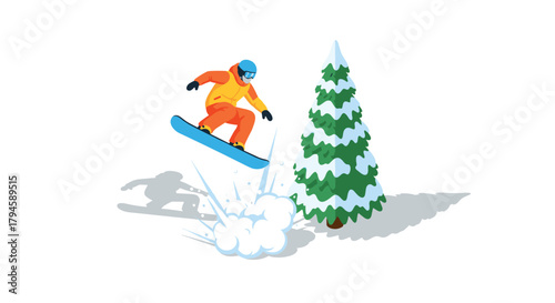 Winter sports enthusiast snowboarding near pine tree in bold flat style
